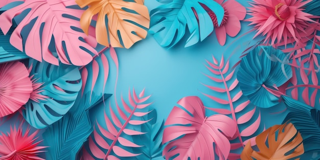 Colorful tropical background with palm leaves and monstera leaf Top view Minimal fashion summer