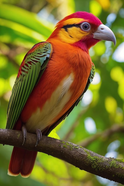 Colorful tropical bird in jungle on a sunny day Rainforest illustration with bright beautiful birdie among exotic plants with big leaves Background with pristine nature landscape Generative AI