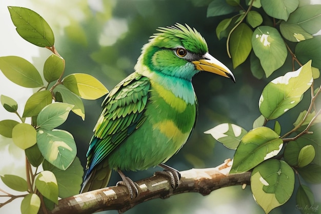 Colorful tropical bird perched on a branch of a lush green rainforest tree