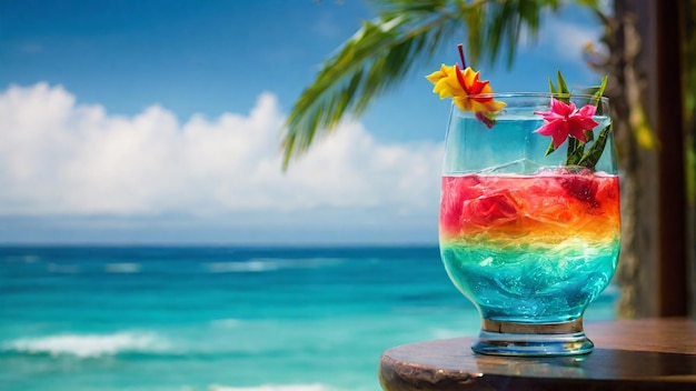 Foto cocktail tropicale colorato sulla spiaggia con il mare e il cielo sullo sfondo