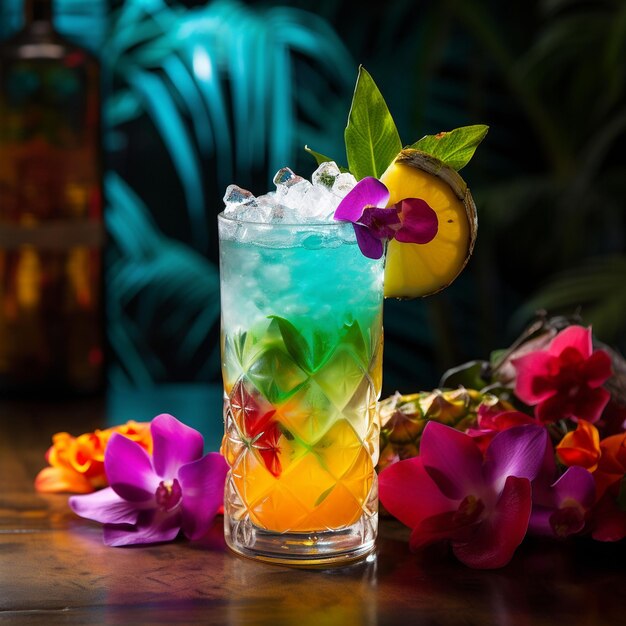 A colorful tropical cocktail with a blend of juice