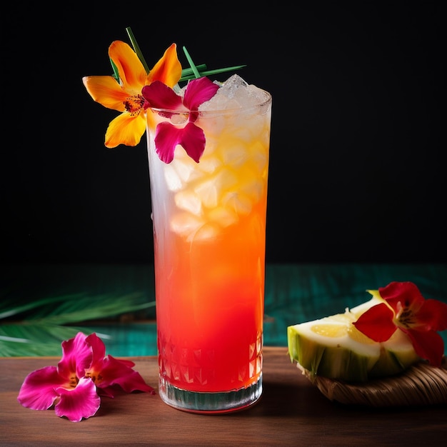 A colorful tropical cocktail with a blend of juice