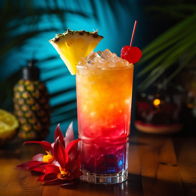 A colorful tropical cocktail with a blend of juice