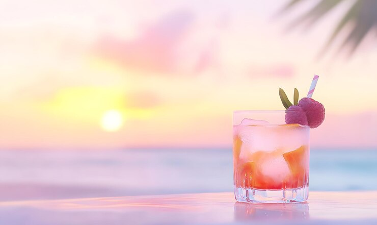 Photo colorful tropical cocktail with ice and fruit on the beach at sunset