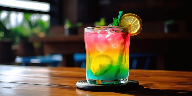 colorful tropical cocktail on a wooden table on a sunny day multicolored limonade