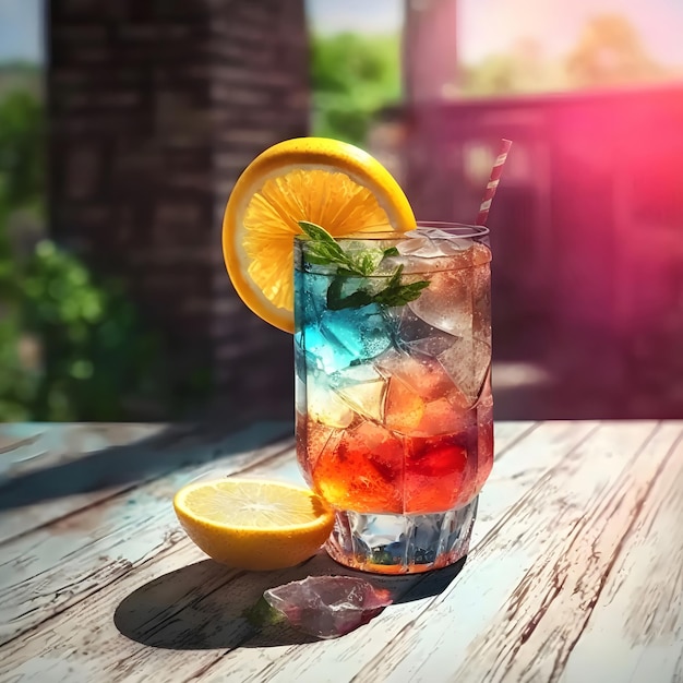 Colorful tropical cocktail on a wooden table on a sunny day Multicolored refreshing summer drink