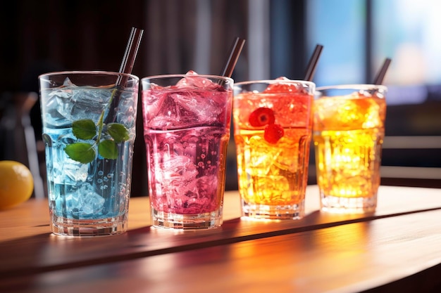 Colorful tropical drinks on table