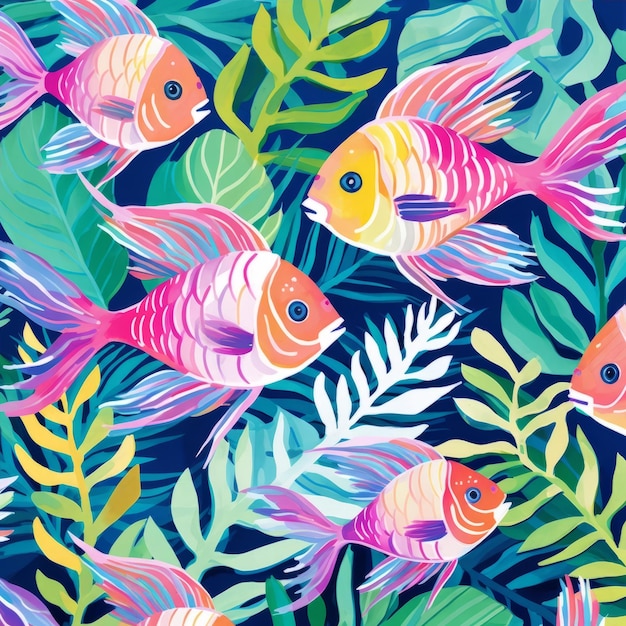 Colorful Tropical Fish Pattern With Vibrant Colors And Palm Leaves