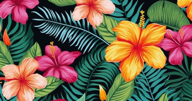 A colorful tropical floral pattern with hibiscus flowers on a black background.