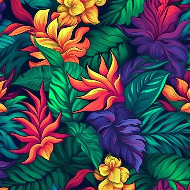 Colorful tropical flowers on a black background