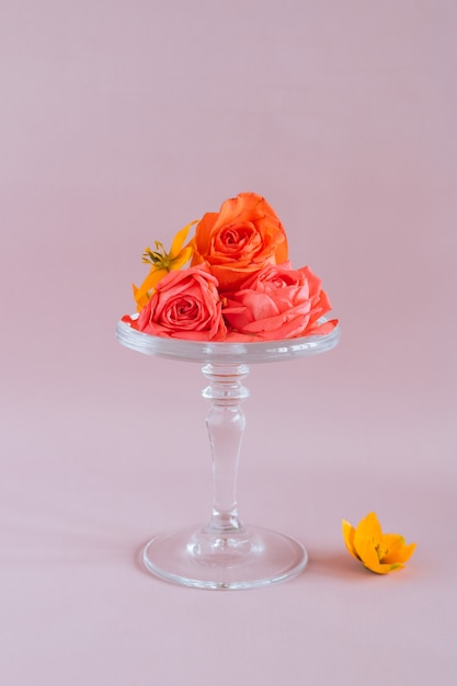 Colorful tropical flowers composition on glass cake stand on pinks, trends composition