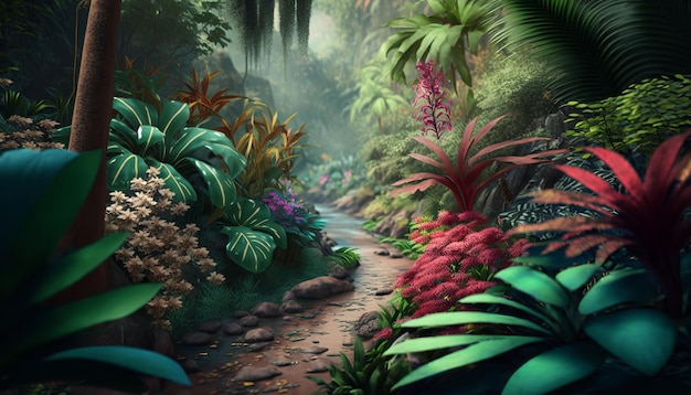 Colorful tropical forest. AI generative.