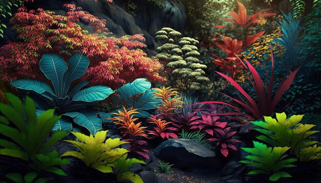 Colorful tropical forest. AI generative.