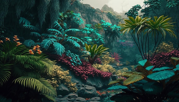 Colorful tropical forest. AI generative.