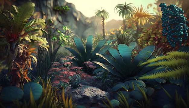 Colorful tropical forest. AI generative.