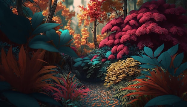 Colorful tropical forest. AI generative.