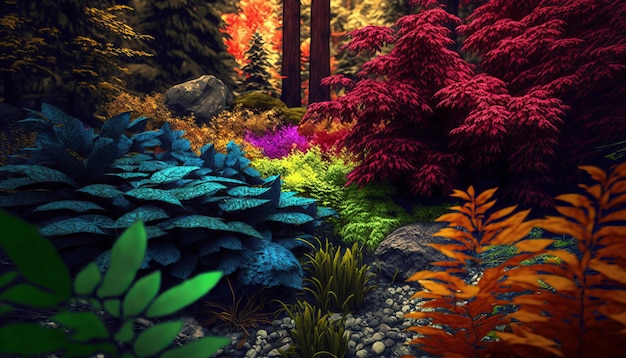 Colorful tropical forest. AI generative.