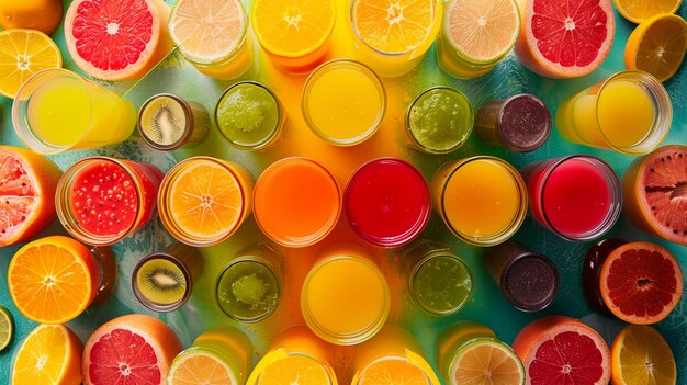 Photo colorful tropical fruit juice array on symmetrical table top