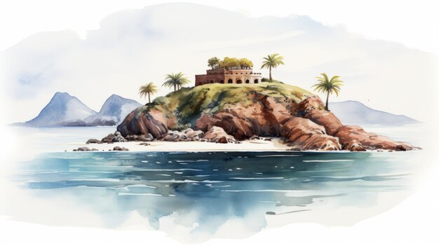 Colorful Tropical Island Watercolor Illustration Monumental Architecture In Saudi Arabia