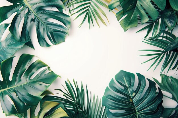 Photo colorful tropical leaf layout on white background with copy space