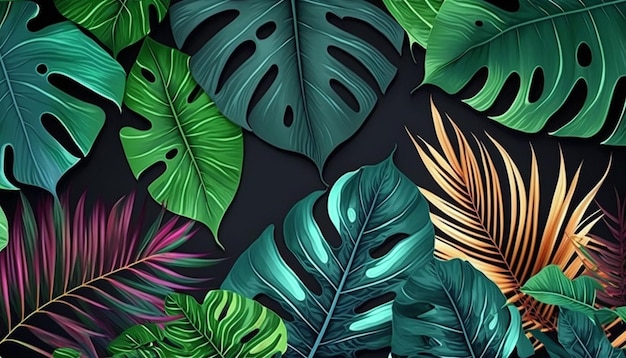 A colorful tropical leaf pattern with different colors.