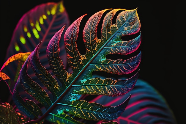 Colorful tropical leaves dark background