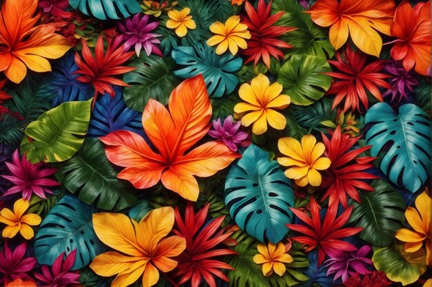 Photo colorful tropical leaves and flowers tropical flower background exotic leaves background tropical flower wallpaper ai generative