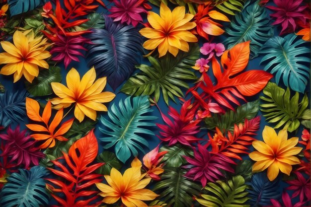 Photo colorful tropical leaves and flowers tropical flower background exotic leaves background tropical flower wallpaper ai generative