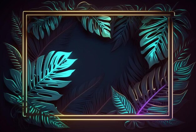 Colorful tropical leaves with neon frame on dark background Generative AI