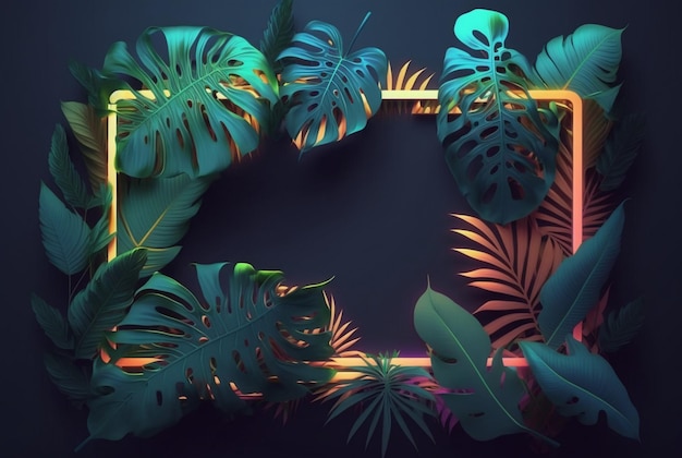 Colorful tropical leaves with neon frame on dark background Generative AI