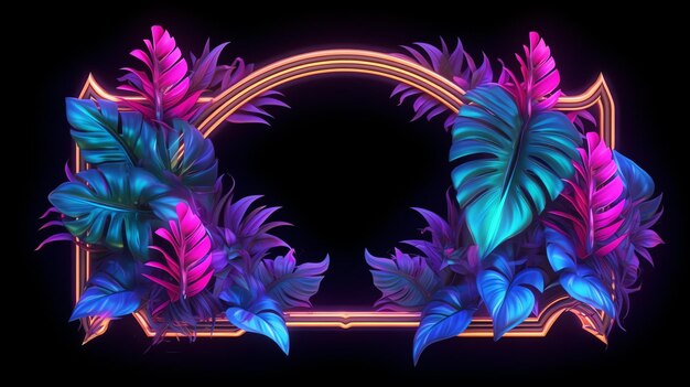 colorful tropical party design with palm leaves and neon light background design