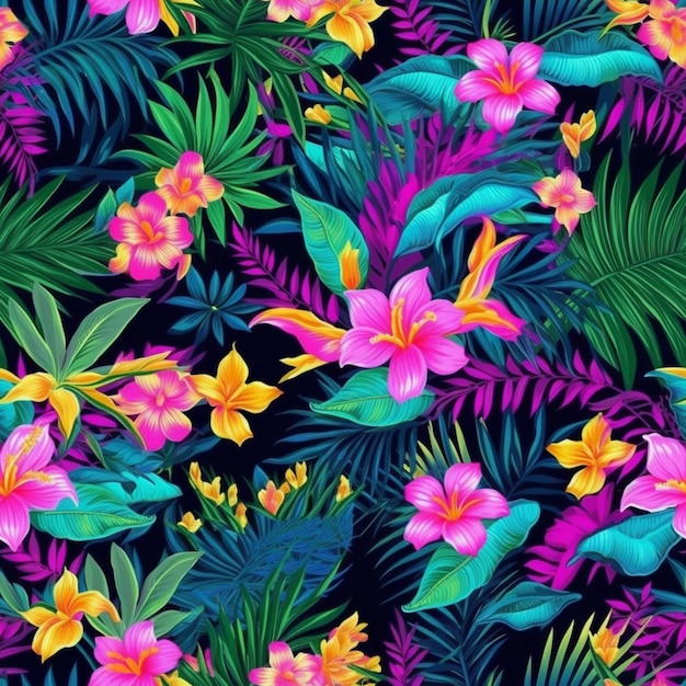 A colorful tropical pattern with flowers and leaves generative ai