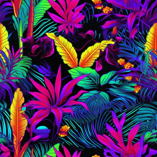 A colorful tropical pattern with leaves and flowers on a black background generative ai