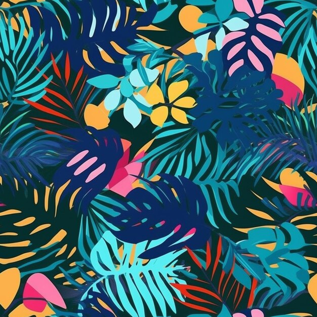 a colorful tropical pattern with palm leaves and flowers generative ai