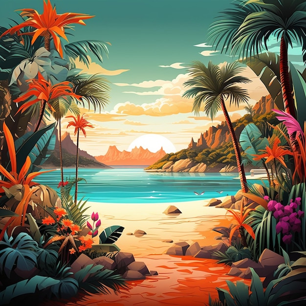 A colorful tropical scene with a beach scene and a beach scene with palm trees and mountains in the background.