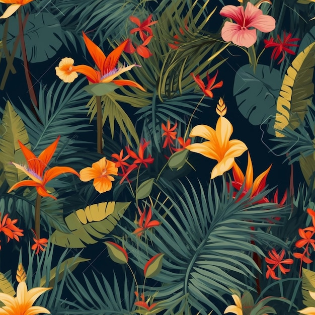 a colorful tropical scene with tropical plants and flowers.