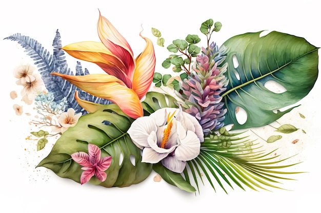 Colorful tropical set of leaves and plants Generative AI