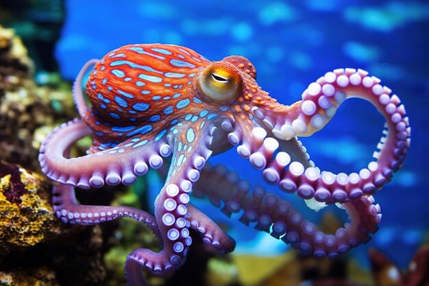 Colorful tropical underwater theme octopus near the reef generative ai