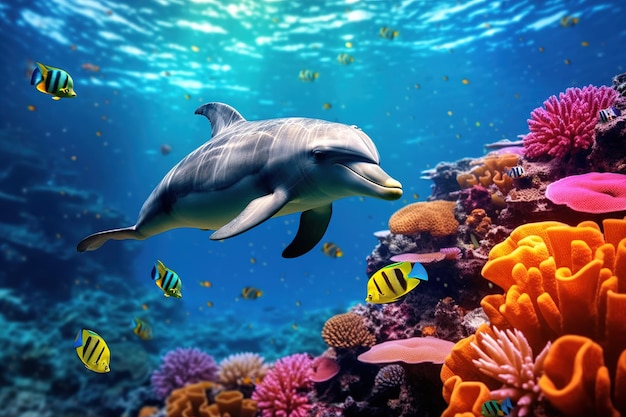 Colorful tropical underwater theme with dolphins generative ai