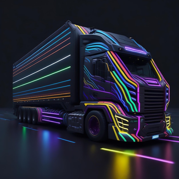 A colorful truck with neon lights on the side