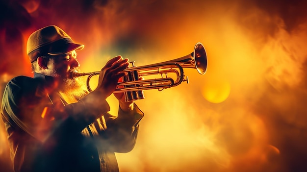 Photo colorful trumpet with music powder explosion abstract background