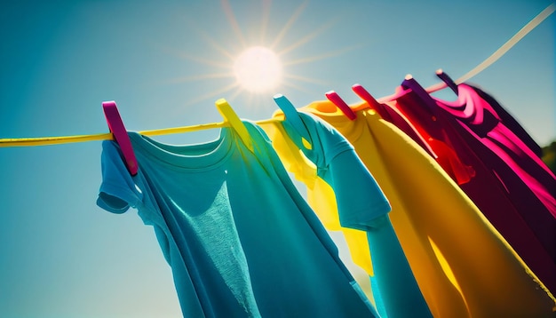 Colorful tshirts hanging on clothesline against clear blue skygenerative ai