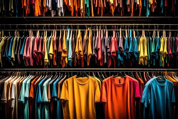 Colorful tshirts hanging on a rack