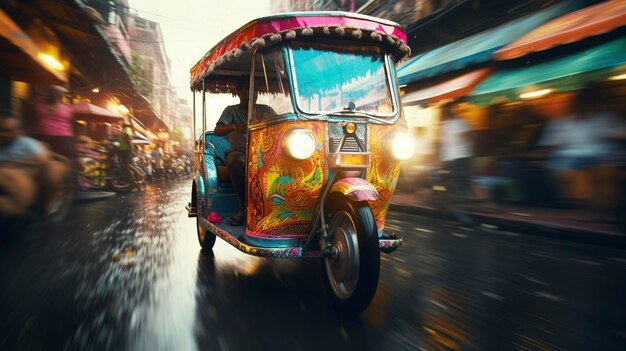 Colorful tuktuk in motion on a bustling city street at night with vibrant lights