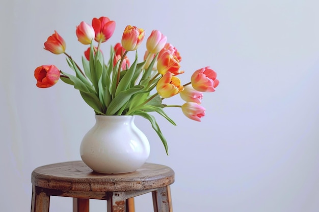 Colorful tulip bouquet on wooden stool against white background