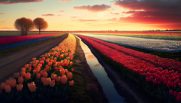 Colorful Tulip Fields in a Vast Open Landscape A Panoramic View of Blooming Meadows Generative AI