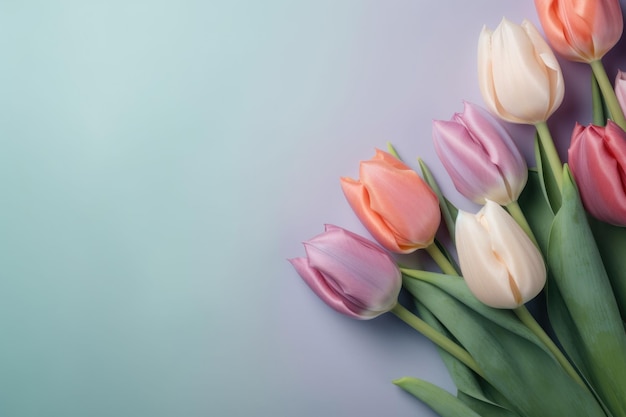 Colorful tulip flower copy space in plain pastel color background ai generated