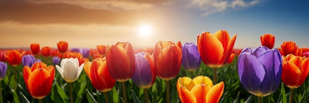 Colorful tulip flowers blooming in springtime Panorama