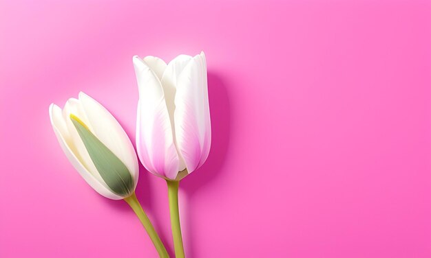 Colorful tulip flowers in flat lay style on pink background