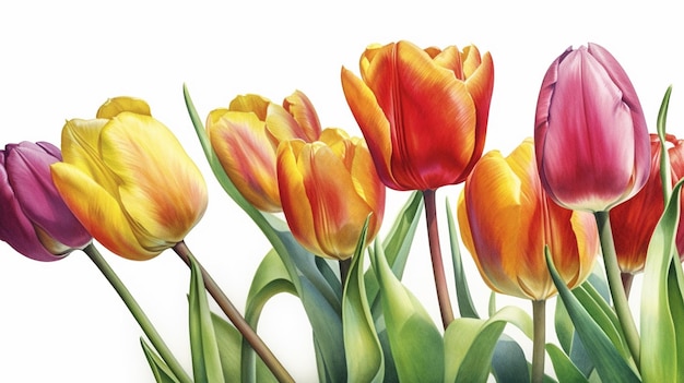 Colorful tulip flowers isolated on white background Watercolor illustration generative ai